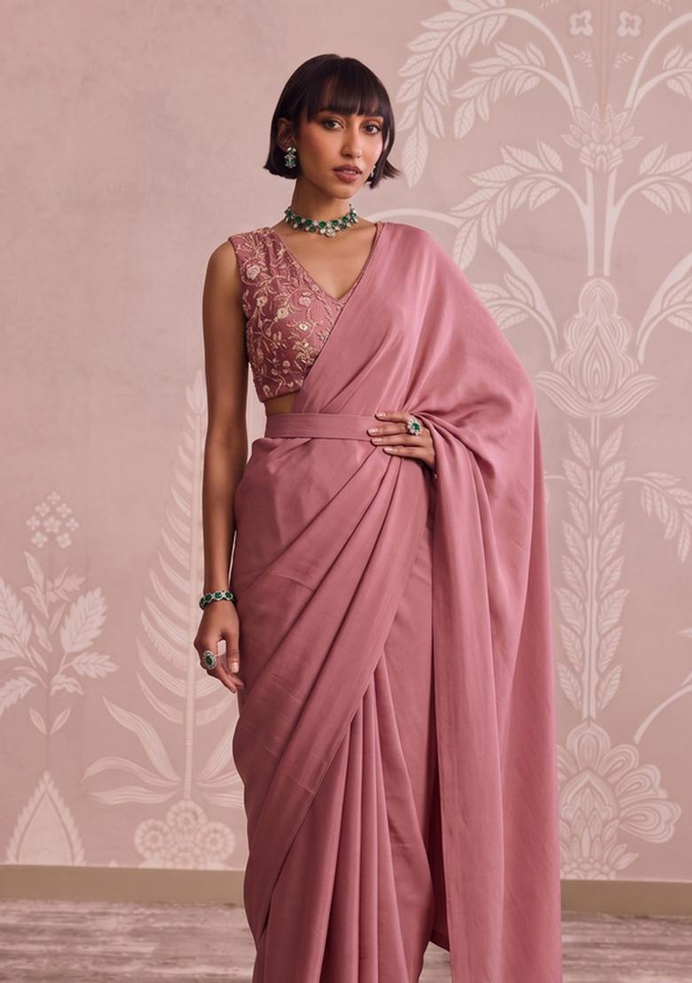 Dusty Pink Embroidered Tissue Pre Draped Saree Set - Indya