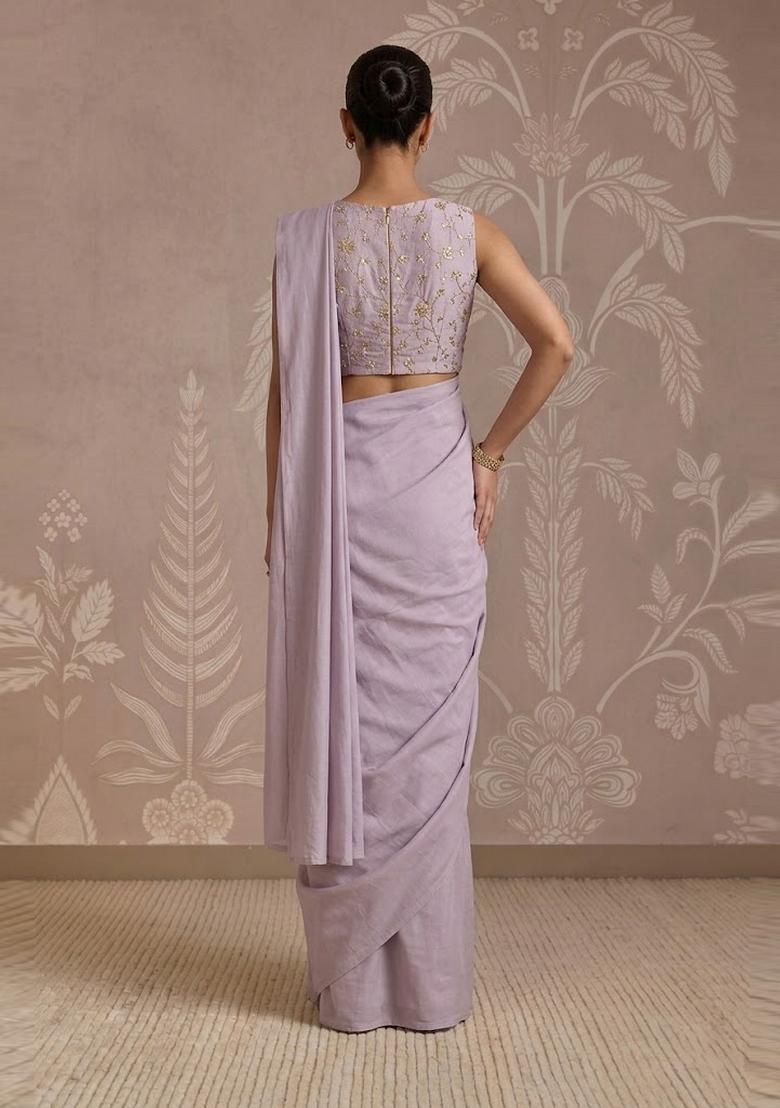 Lavender Embroidered Tissue Pre Draped Saree Set - Indya