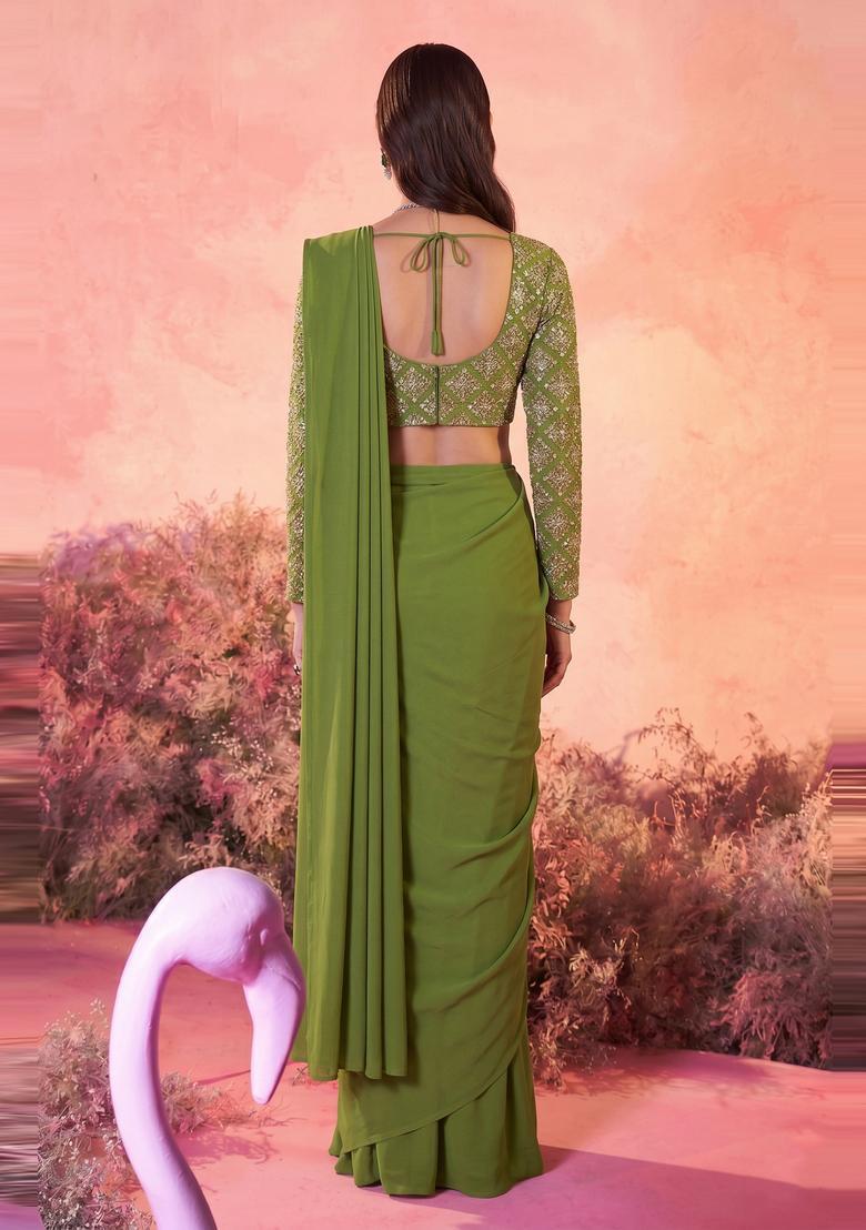 Olive Green Embroidered Crepe Pre Draped Saree Set - Indya