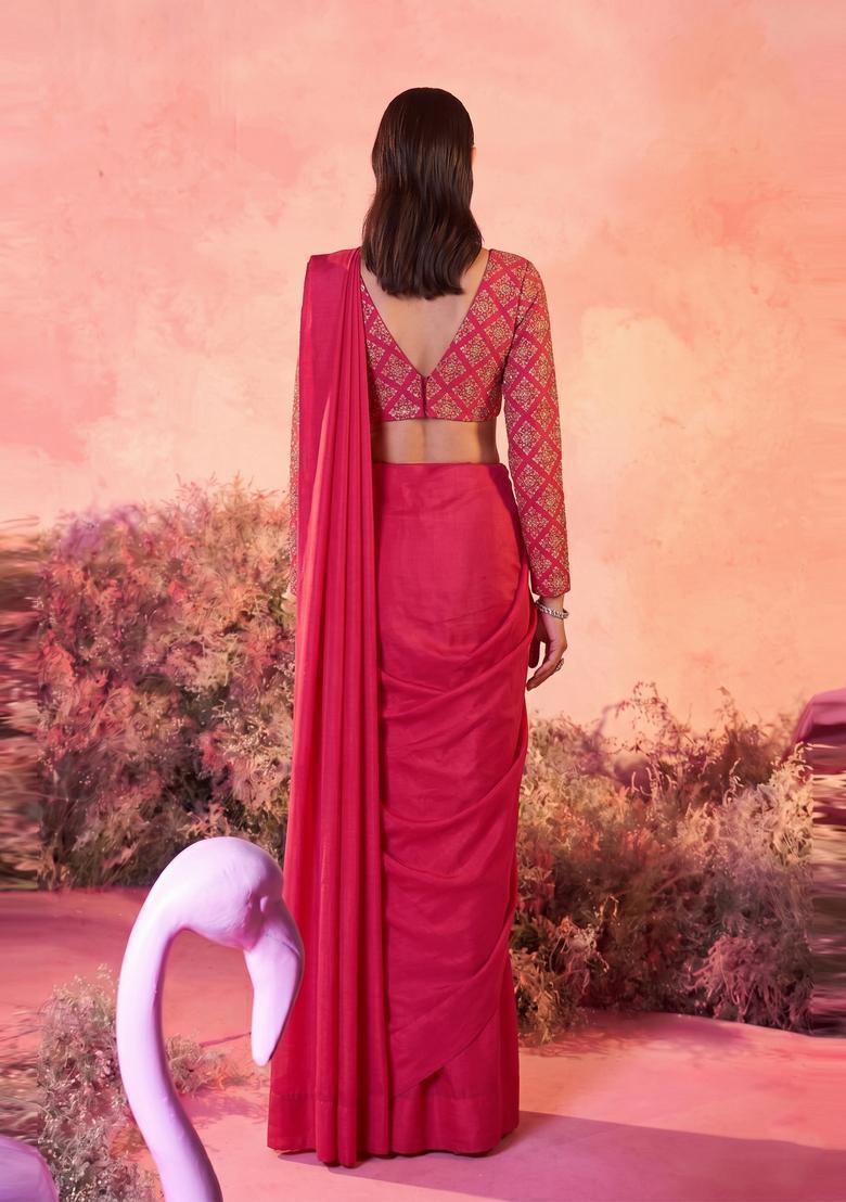 Hot Pink Embroidered Crepe Pre Draped Saree Set - Indya