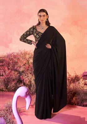 Black Embroidered Crepe Pre Draped Saree Set