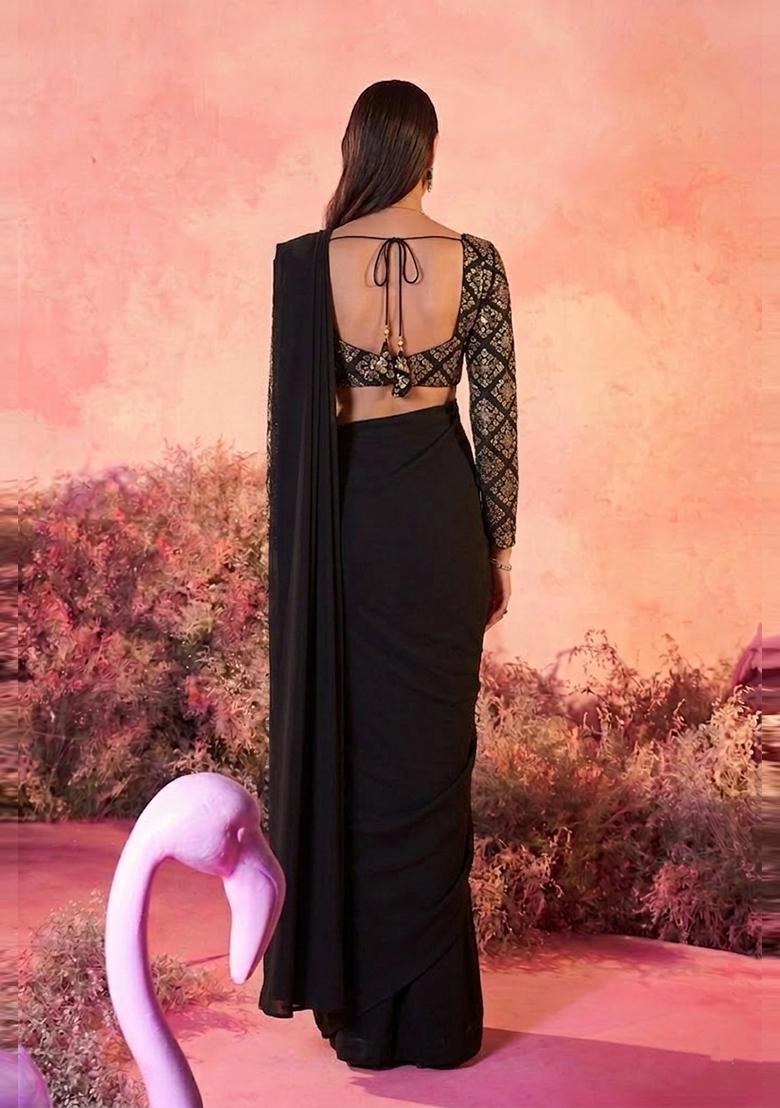 Black Embroidered Crepe Pre Draped Saree Set - Indya