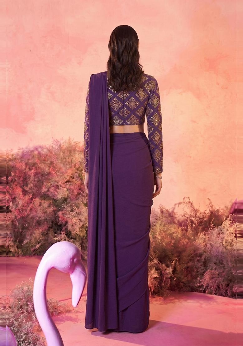 Deep Purple Embroidered Crepe Pre Draped Saree Set - Indya
