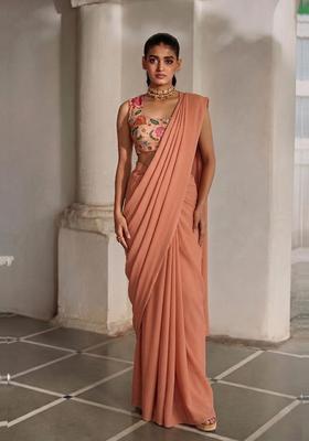 Peach Embroidered Organza Pre Draped Saree Set