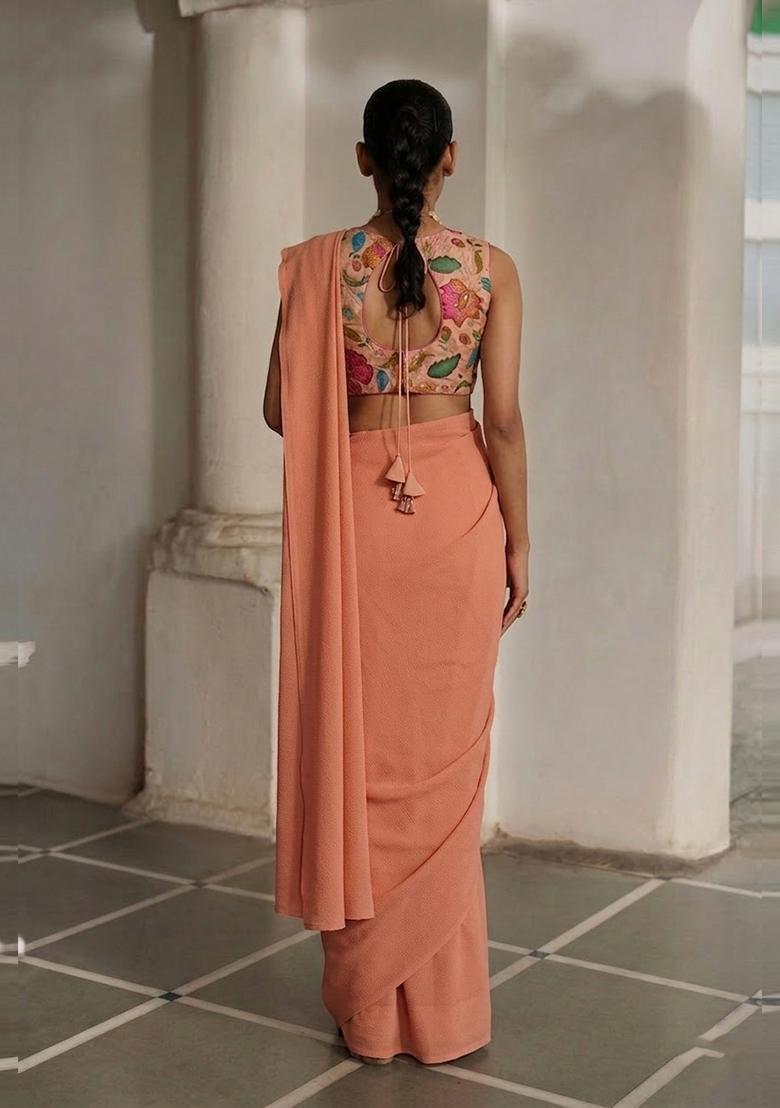 Peach Embroidered Organza Pre Draped Saree Set - Indya