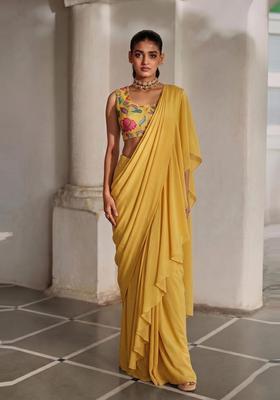Mustard Yellow Embroidered Organza Pre Draped Saree Set
