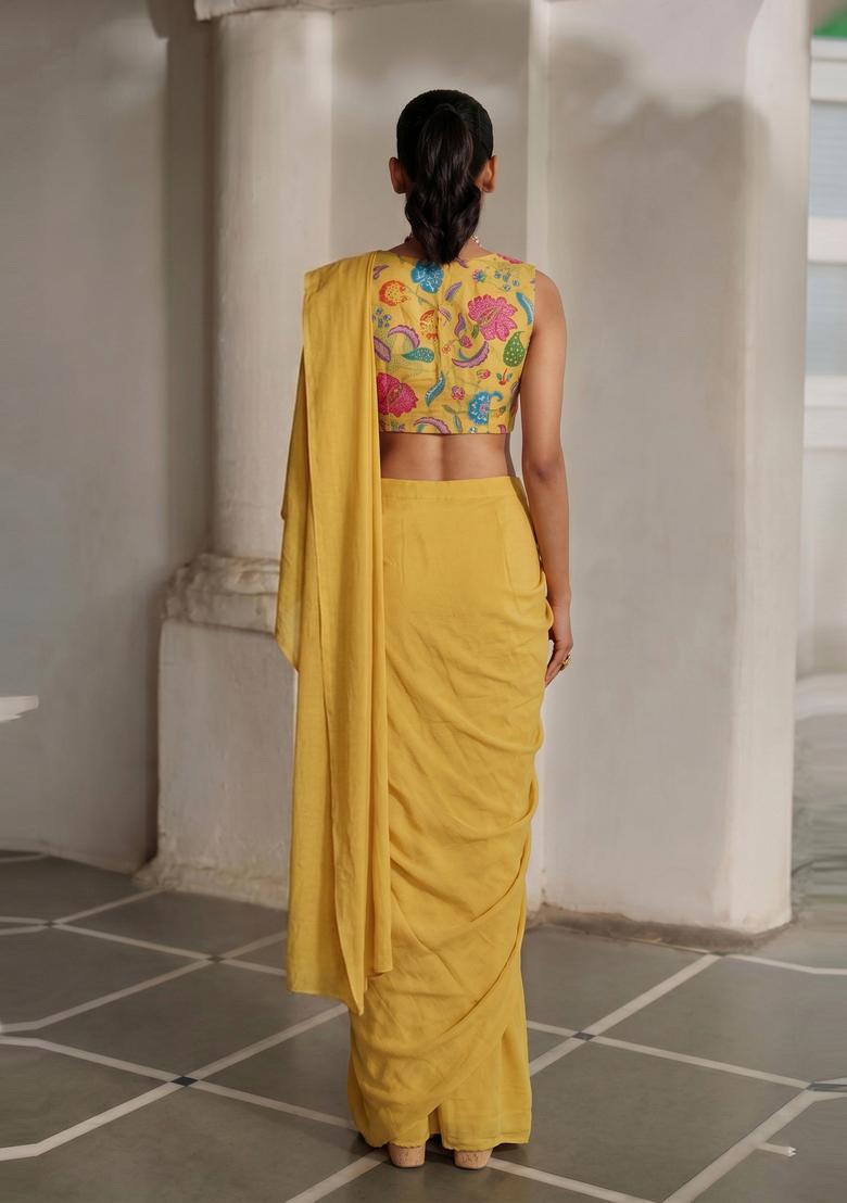 Mustard Yellow Embroidered Organza Pre Draped Saree Set - Indya