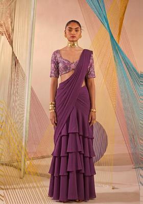 Lavender Printed Crepe Pre Draped Saree Set