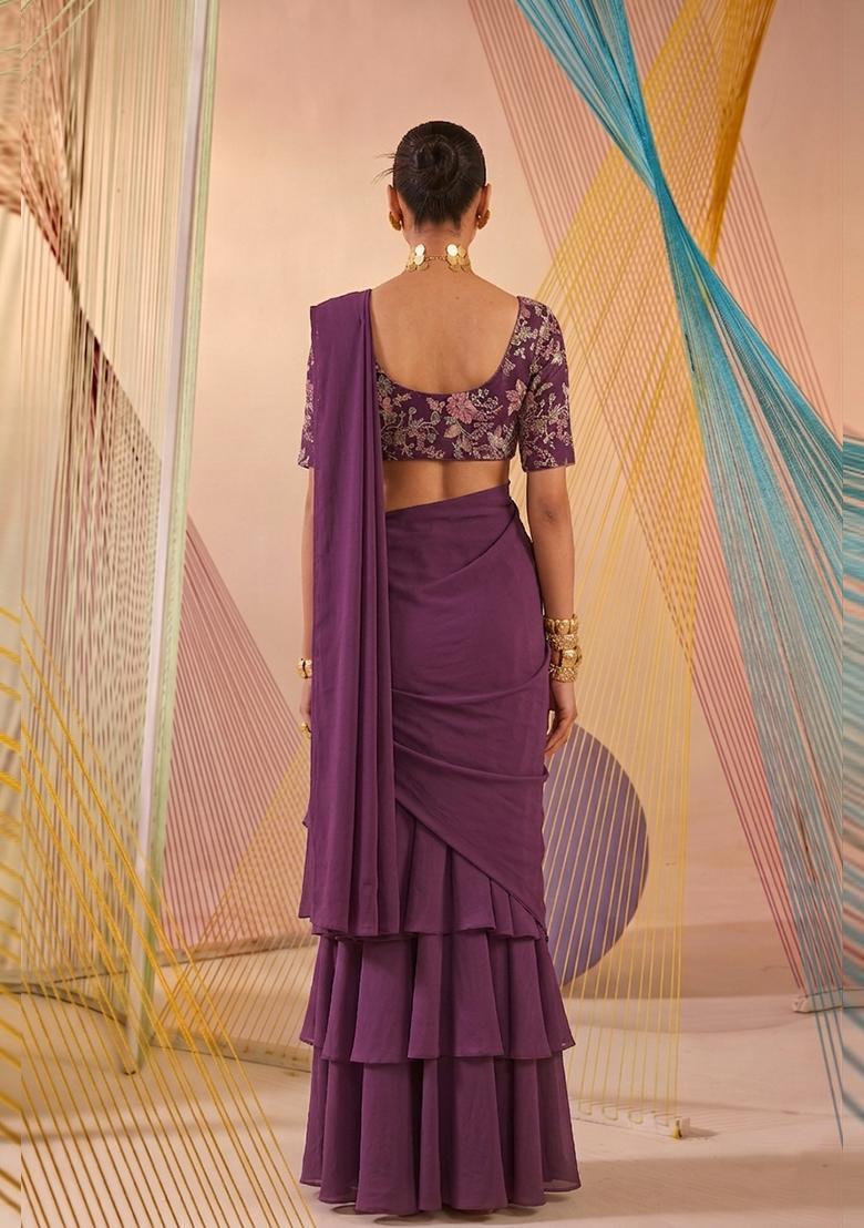 Lavender Printed Crepe Pre Draped Saree Set - Indya