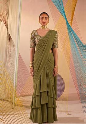 Olive Green Printed Crepe Pre Draped Saree Set