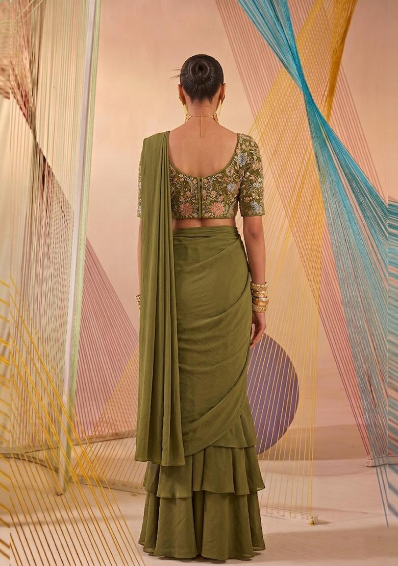 Olive Green Printed Crepe Pre Draped Saree Set - Indya