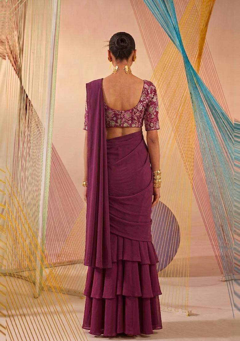 Deep Purple Printed Crepe Pre Draped Saree Set - Indya