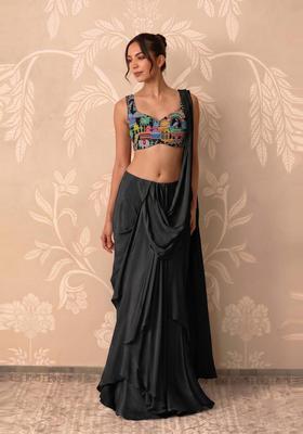 Black Embroidered Crepe Pre Draped Saree Set