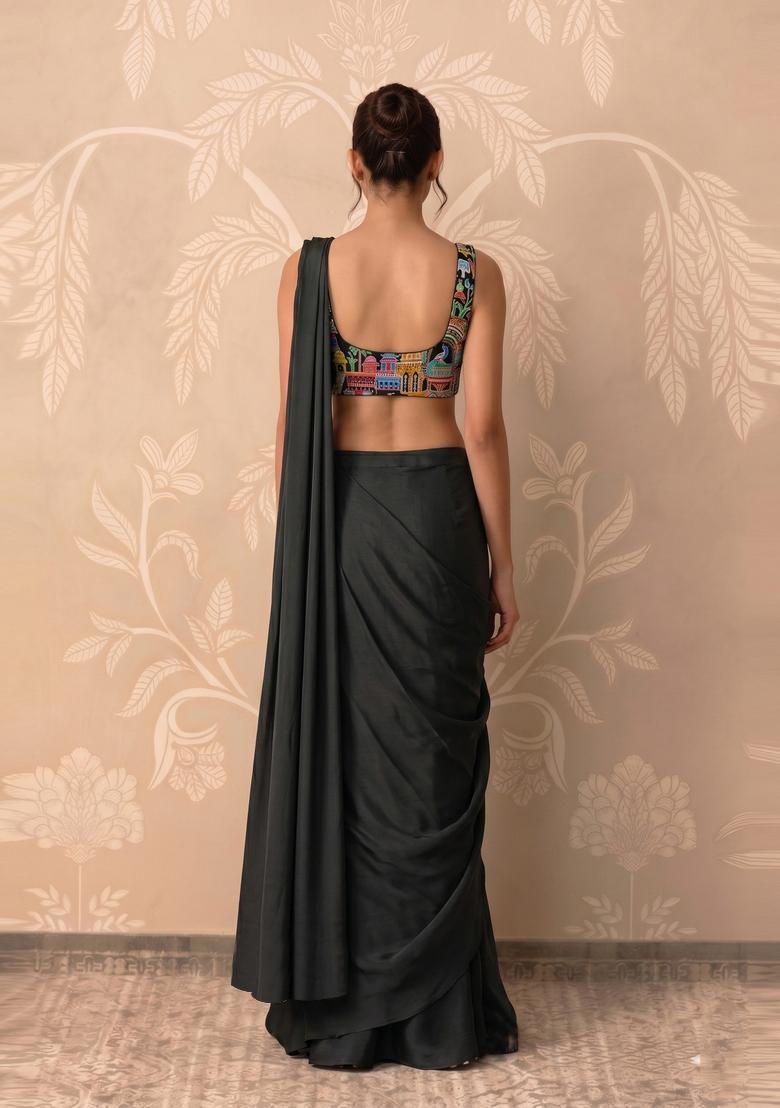 Black Embroidered Crepe Pre Draped Saree Set - Indya
