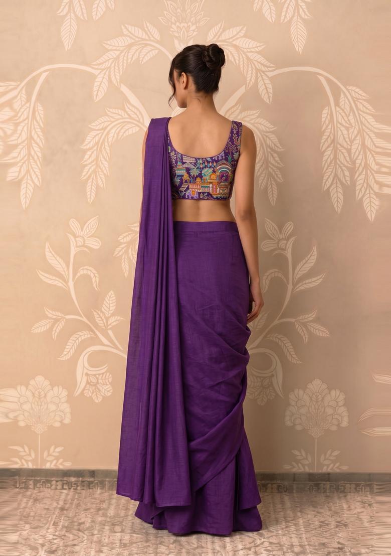 Violet Embroidered Crepe Pre Draped Saree Set - Indya