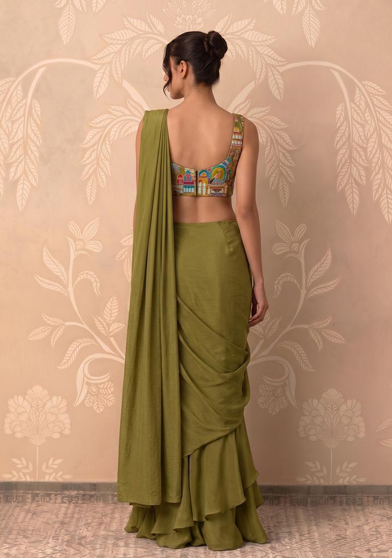 Olive Green Embroidered Crepe Pre Draped Saree Set - Indya