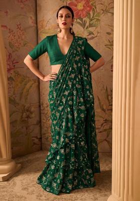 Bottle Green Embroidered Georgette Pre Draped Saree Set