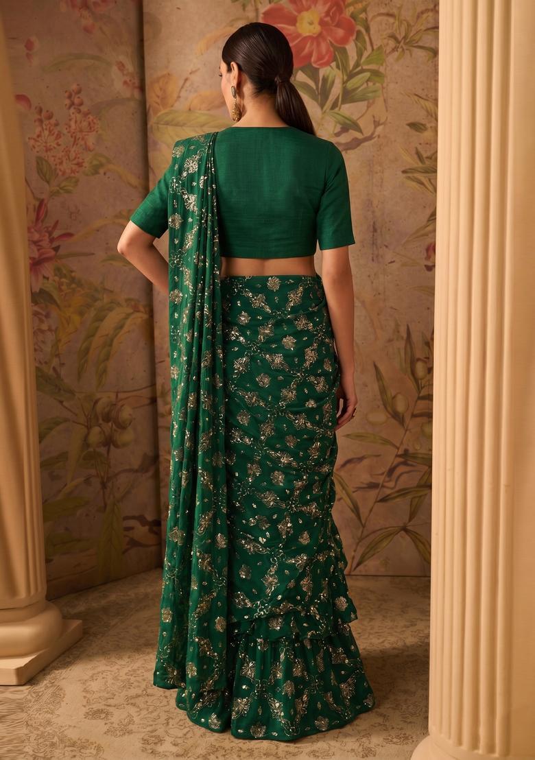 Bottle Green Embroidered Georgette Pre Draped Saree Set - Indya
