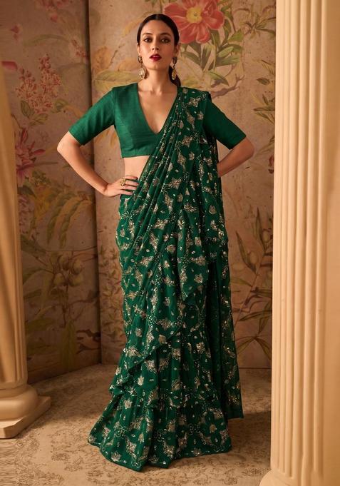Bottle Green Embroidered Georgette Pre Draped Saree Set