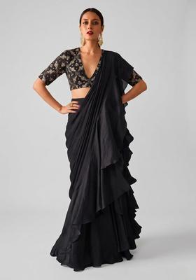 Black Printed Georgette Pre Draped Saree Set