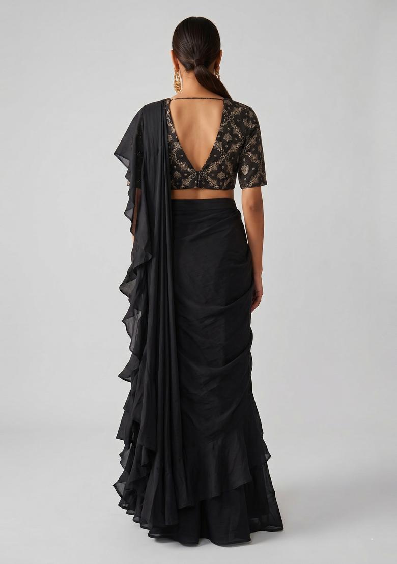 Black Printed Georgette Pre Draped Saree Set - Indya