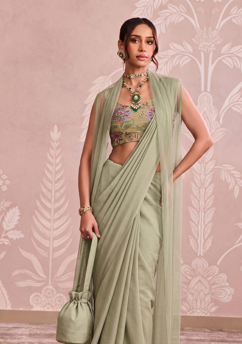 Pastel Green Embroidered Organza Pre Draped Saree Set - Indya