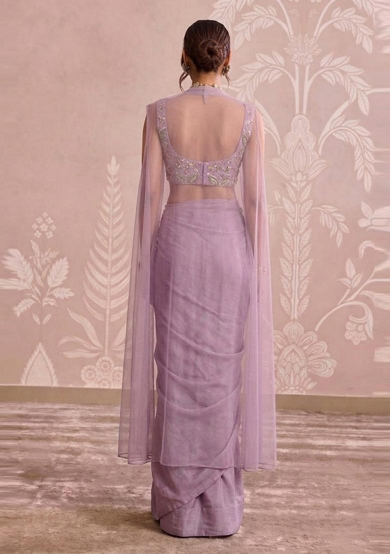 Lavender Embroidered Organza Pre Draped Saree Set - Indya
