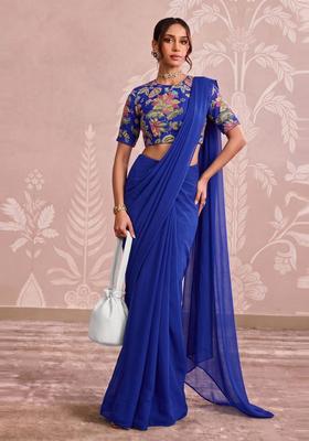 Royal Blue Embroidered Organza Pre Draped Saree Set