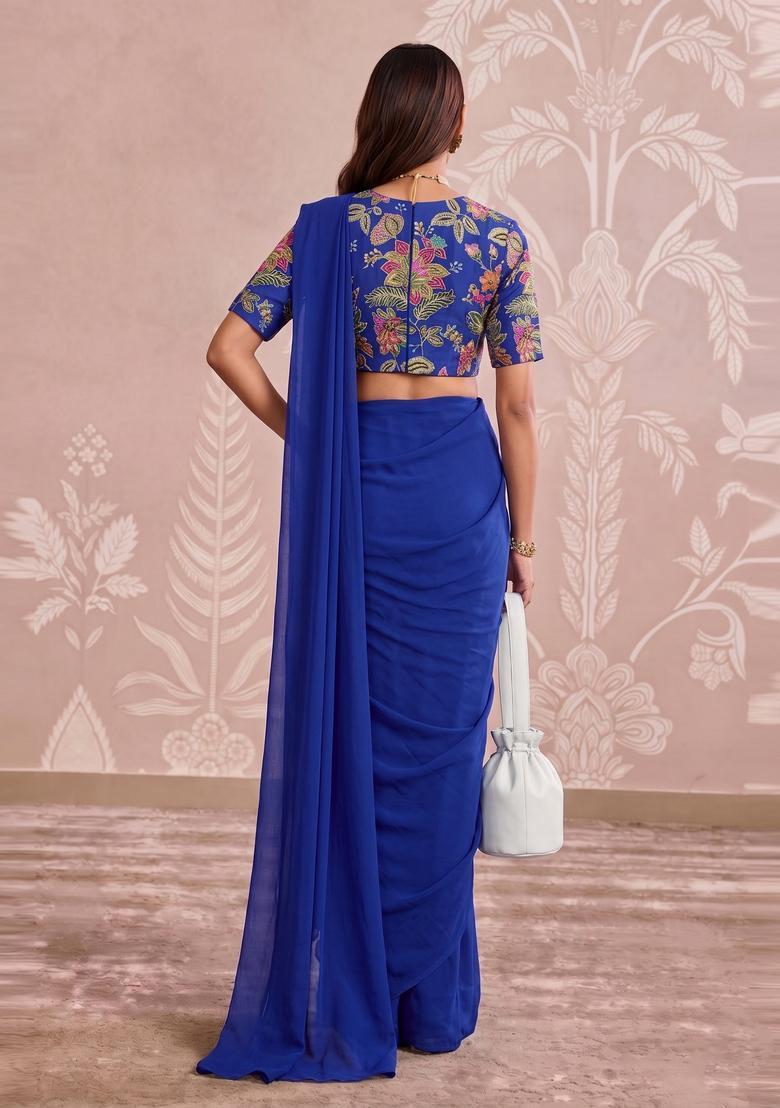 Royal Blue Embroidered Organza Pre Draped Saree Set - Indya