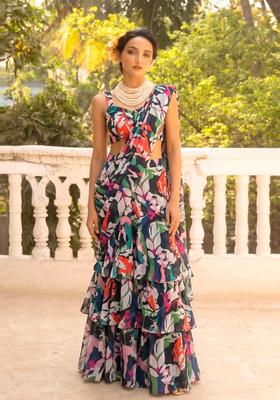 Multicolor Printed Organza Pre Draped Saree Set