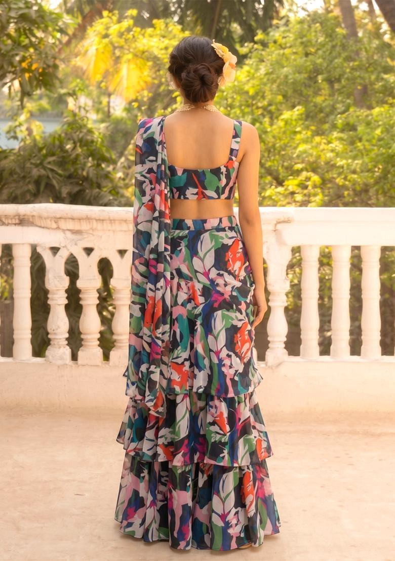 Multicolor Printed Organza Pre Draped Saree Set - Indya