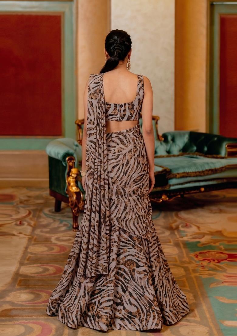Grey Printed Georgette Pre Draped Saree Set - Indya
