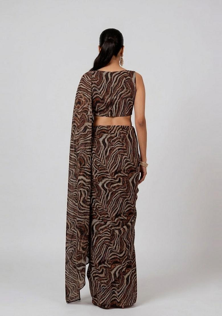 Brown Printed Pre Draped Saree Set - Indya