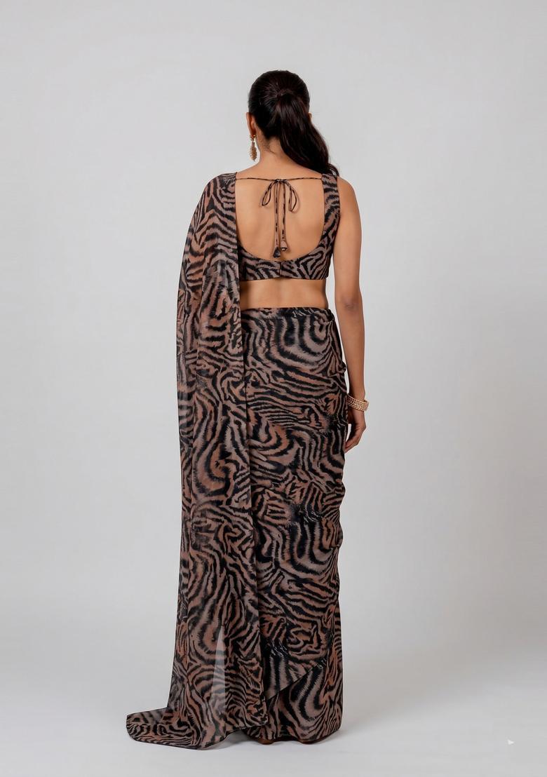 Brown Printed Georgette Pre Draped Saree Set - Indya