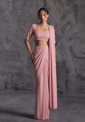 Dusty Pink Embroidered Georgette Pre Draped Saree Set