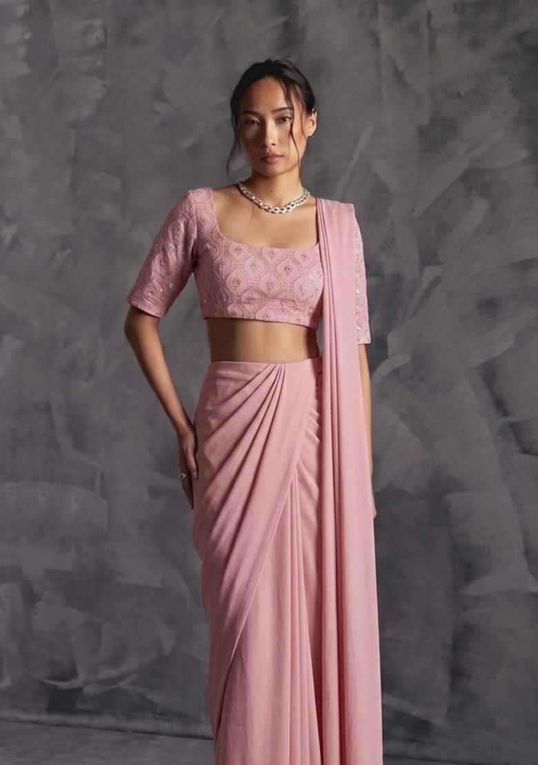 Dusty Pink Embroidered Georgette Pre Draped Saree Set - Indya