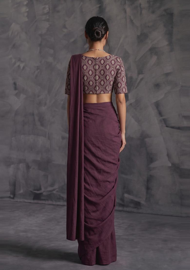 Deep Plum Printed Georgette Pre Draped Saree Set - Indya
