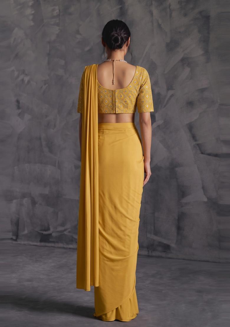 Mustard Yellow Embroidered Georgette Pre Draped Saree Set - Indya