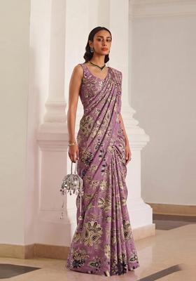 Mauve Embroidered Crepe Pre Draped Saree Set
