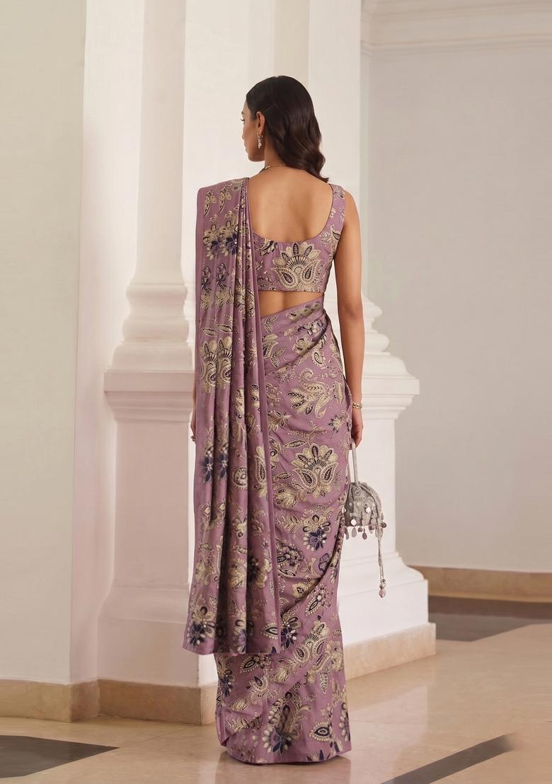 Mauve Embroidered Crepe Pre Draped Saree Set - Indya
