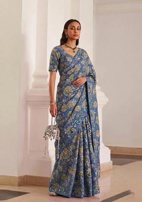 Dusty Blue Embroidered Crepe Pre Draped Saree Set