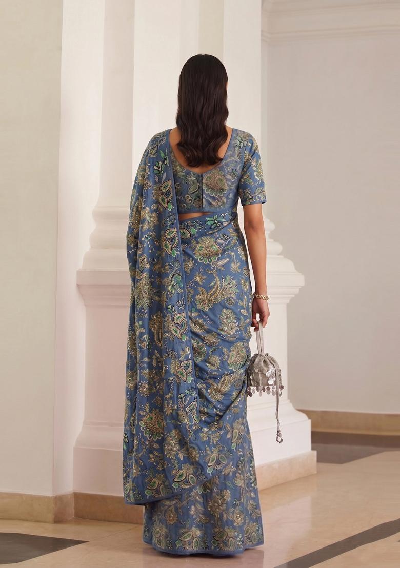 Dusty Blue Embroidered Crepe Pre Draped Saree Set - Indya