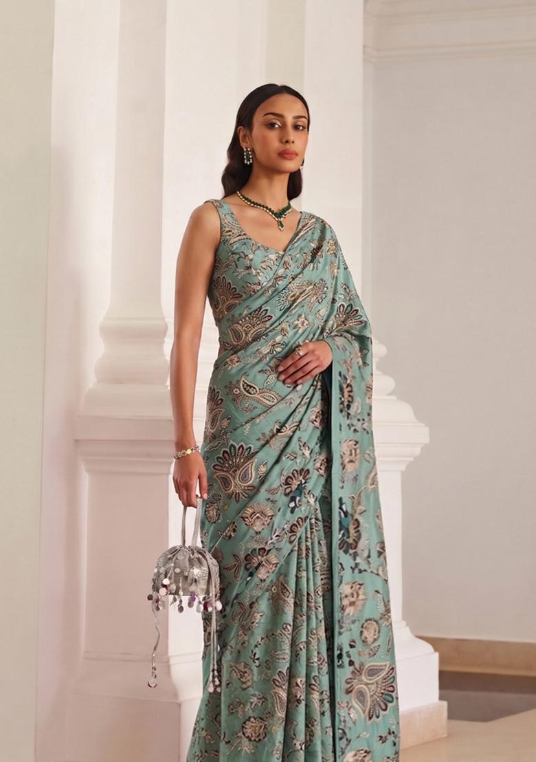 Sea Green Embroidered Crepe Pre Draped Saree Set - Indya
