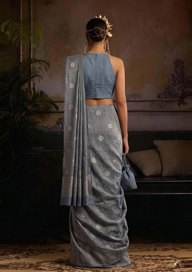 Pastel Blue Printed Silk Blend Pre Draped Saree Set - Indya