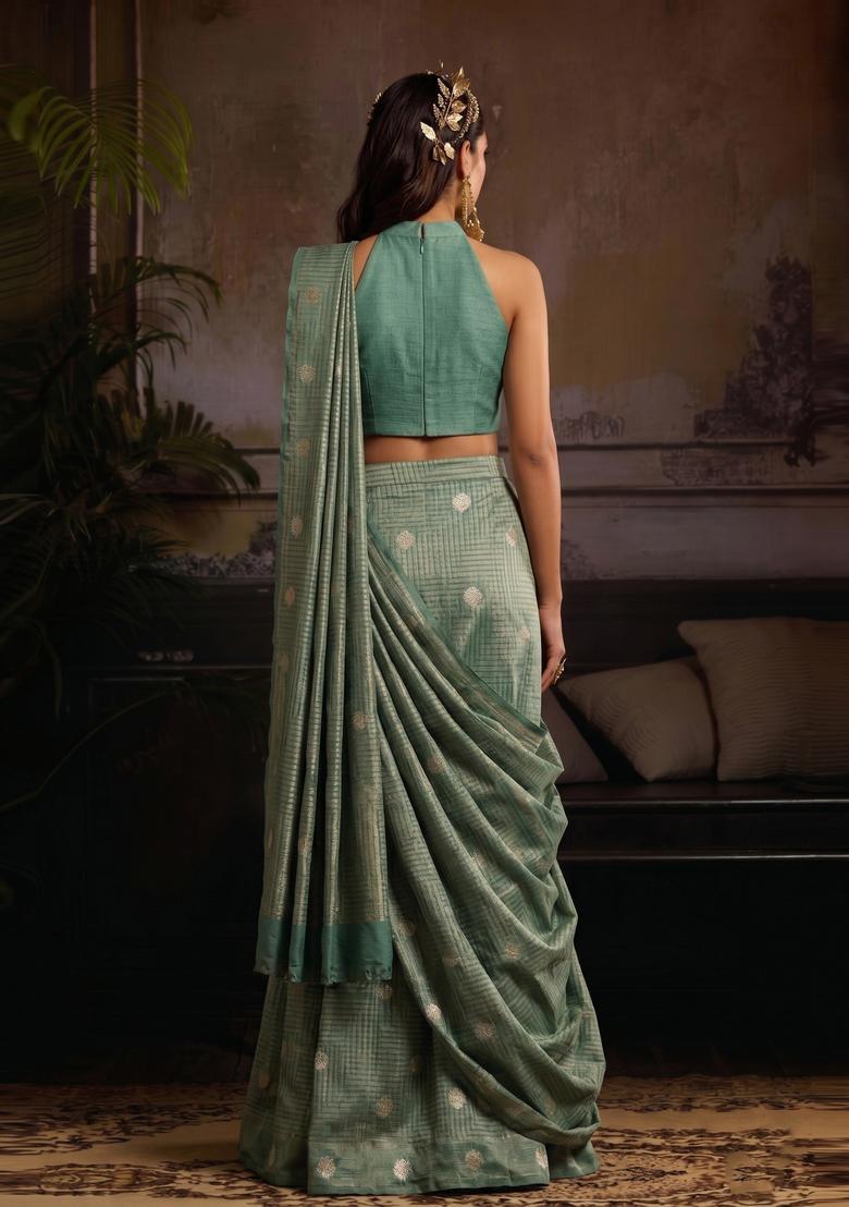 Sage Green Printed Silk Blend Pre Draped Saree Set - Indya