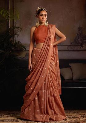 Rust Orange Printed Silk Blend Pre Draped Saree Set