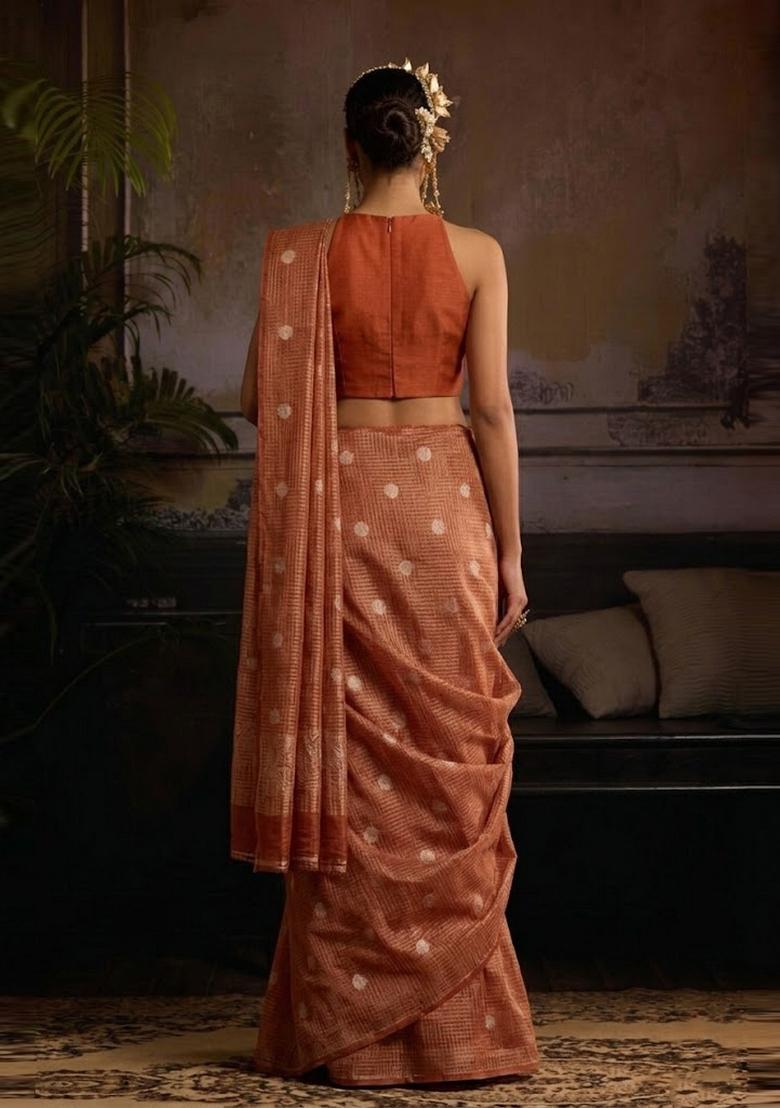 Rust Orange Printed Silk Blend Pre Draped Saree Set - Indya