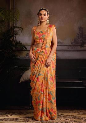 Coral Printed Organza Pre Draped Saree Set