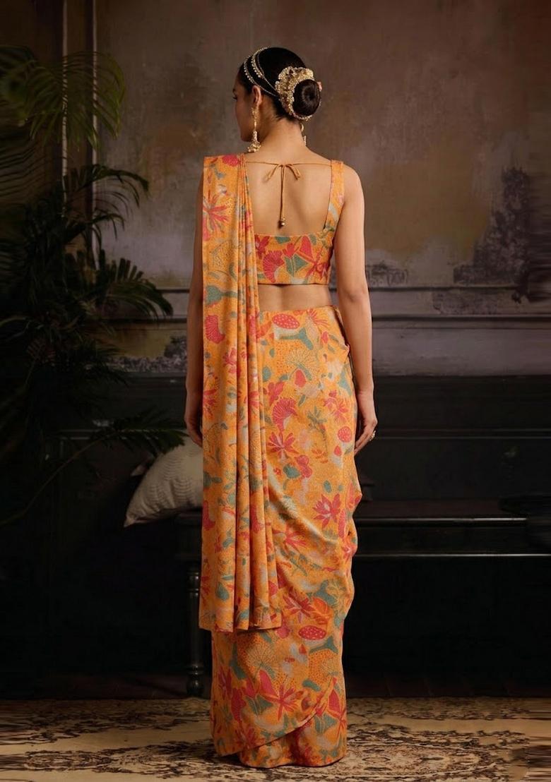 Coral Printed Organza Pre Draped Saree Set - Indya