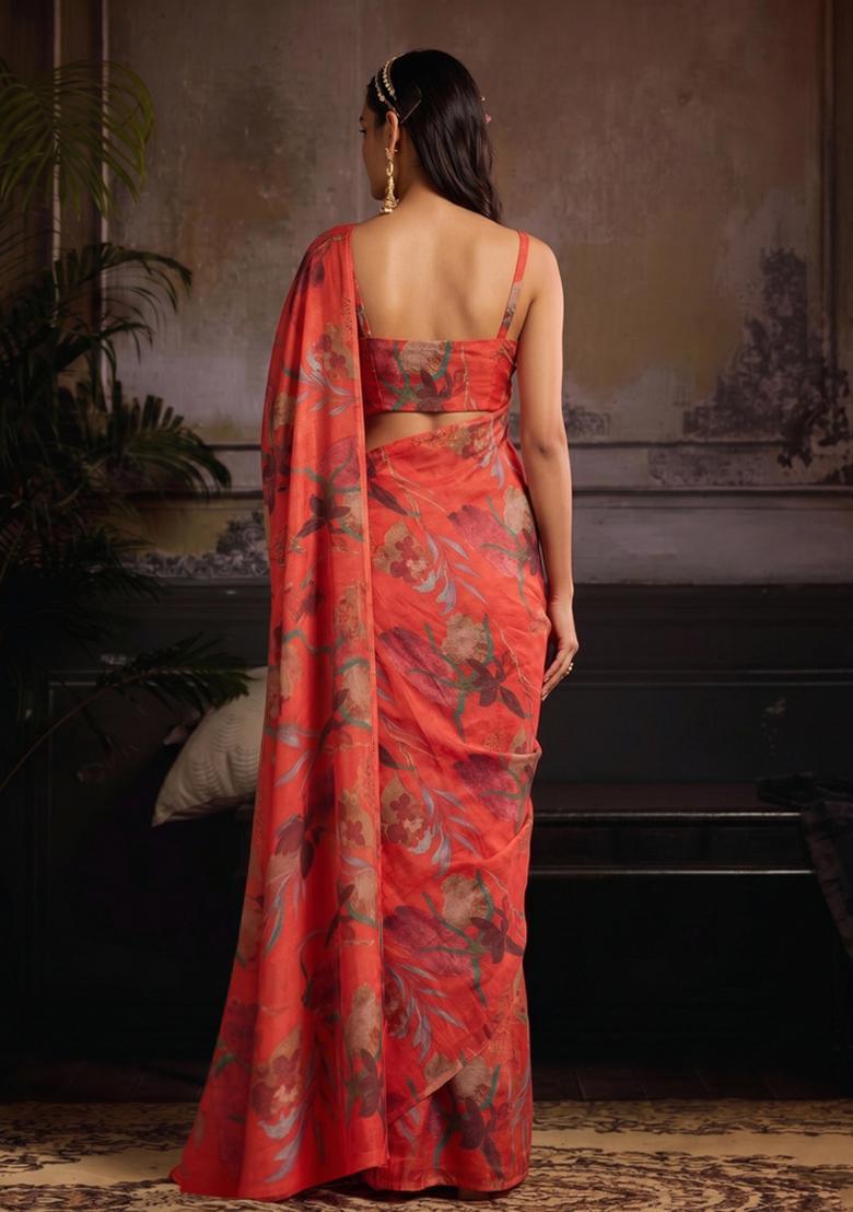 Coral Red Printed Organza Pre Draped Saree Set - Indya